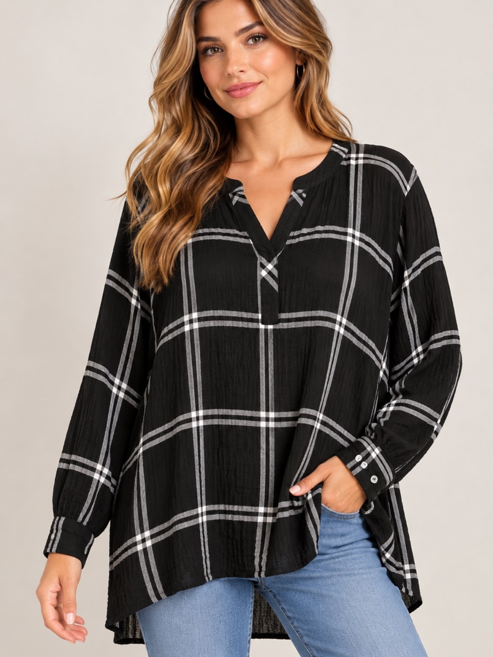 Jane + Delancey Black White Plaid Tunic Blouse Oversized XL 1X